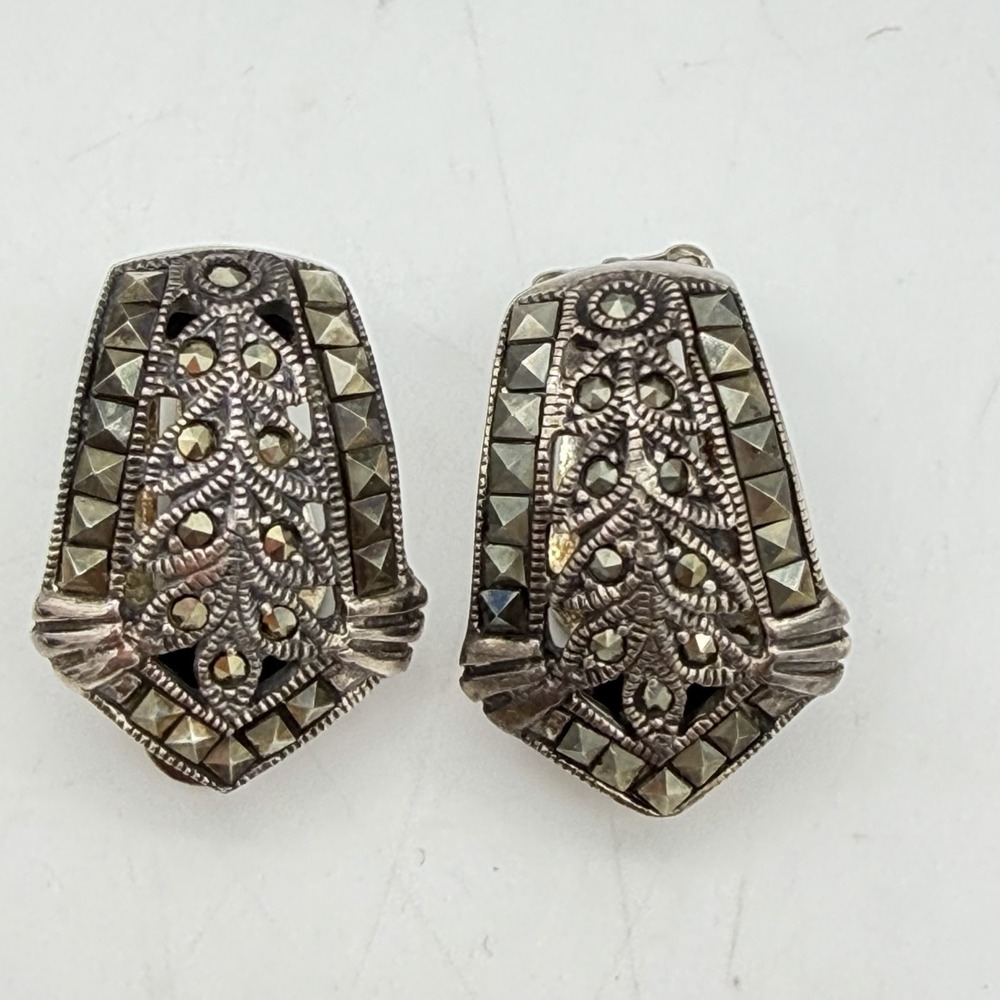 Vintage Sterling Silver Marcasite‎ Earrings Art Deco Designer Signed ATİ